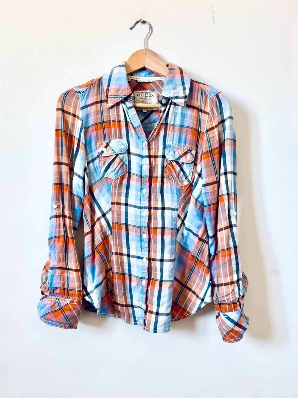 Guess Y2K Vintage Rare Plaid Orange Blue Button-Down Shirt Size Small.